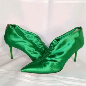 Zara Satin Pointed-Toe Stiletto Booties in Green